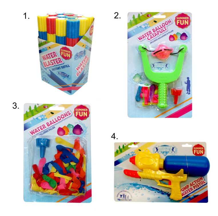 1. Foam Water Blaster 2. Water Balloon Catapult 3. Water Balloons 4. Water Pistol