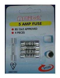 Omega 21135 Mains Electrical Safety Plug Fuses UK 5 Amp Pack of 4 Blister Pack