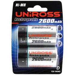 Uniross Rechargeable NiMh Battery D Size 2600mAh 2 Pack