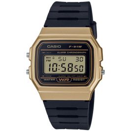 Casio F91WM-9A Casual Digital Watch with Black Rubber Strap & Gold Plated Case