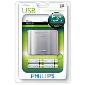 Philips SCB5050NB USB Battery Charger w/ 4 AA Batteries