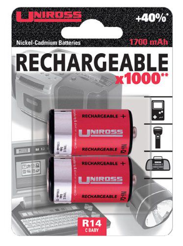 Uniross RB100881 Rechargeable C Size 1.2v Batteries Twin Pack 1700mAh Ni-Cd New