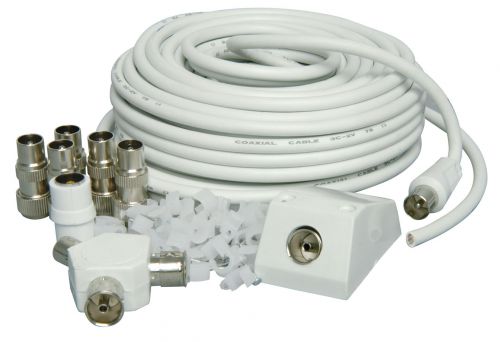 Mercury 122.760 TV Aerial Coaxial Cable Splitter Extension Kit 15m White Clips