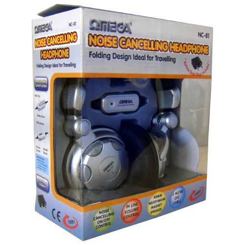 Omega NC-81 Over Ear Stereo Headphones Noise Cancelling Aeroplane Plug Adaptor