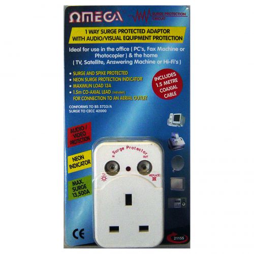 Omega 21155 One Way Plug In Single Socket Surge Protector Fused Adaptor 13A New
