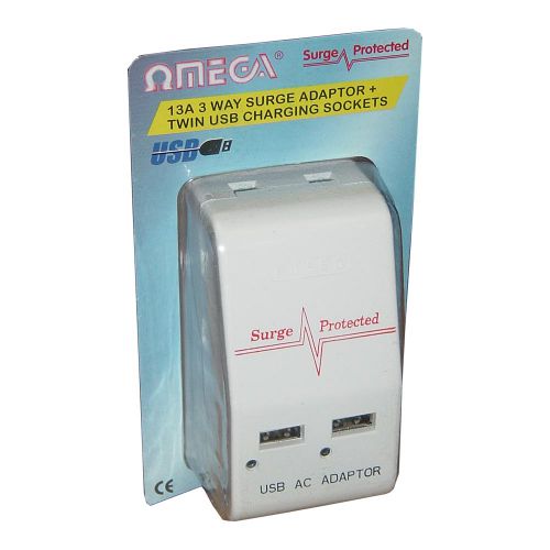 Omega 21185 Surge Protected 3 Way Triple Plug & 2 USB Socket Mains Power Adaptor