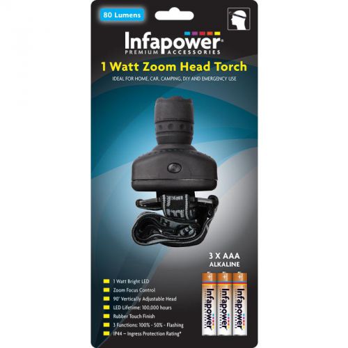 Infapower INF-F035 IP44 90° Vertically Adjustable 1 Watt Zoom Head Torch - Black